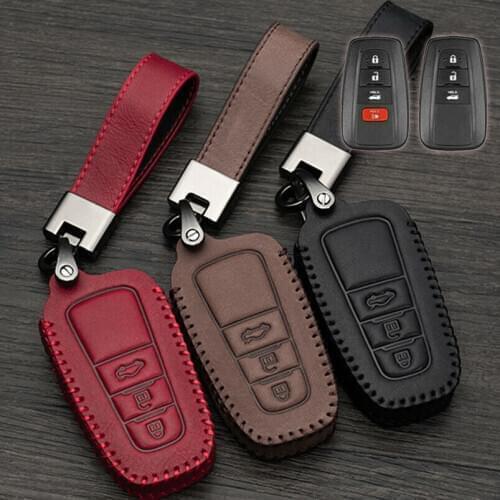 Top Layer Genuine Leather Car Key Fob Cover Case Holder With Keychian For Toyota Camry Avalon Corolla