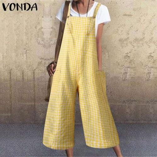 Vintage Plaid Printed Women Jumpsuits Ladies Casual Wide Leg Long Pantalones VONDA 2021 Bohemian Office Overalls Oversized
