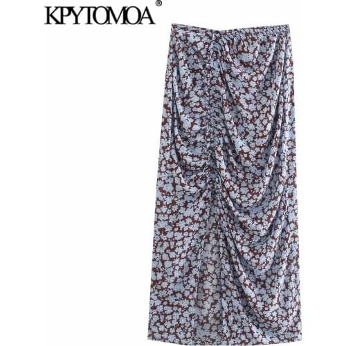 KPYTOMOA Women 2021 Fashion Draped Floral Print Slit Midi Skirt Vintage High Waist Back Zipper Female Skirts Mujer