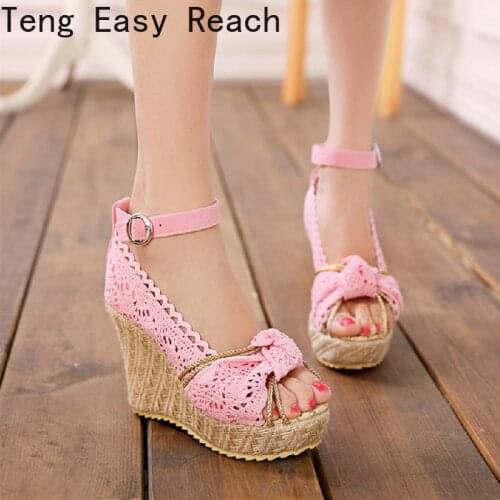Wedge Sandals For Women Summer Shoes Fashion Lace Knitted High Heels Gladiator Sandals Casual Pink Party Shoe Woman Large Size