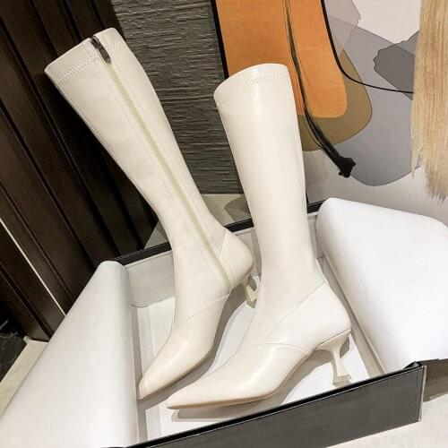 Women Knee High Boots Thin High Heel Shoes Pointed Toe Zipper Ladies Long Boots Autumn Winter 40 Brown 2021 New Fashion