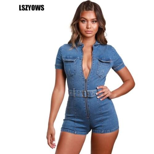 2021 Denim Jumpsuit Women Zip Up Short Sleeve Turn Down Collar Denim Playsuits Short Jeans Rompers with Belt Streetwear Overalls