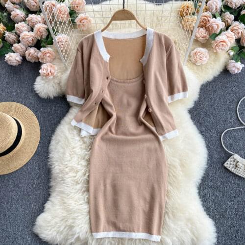 Elegant Celebrity Temperament Suit Women Summer Wear 2021 New Short Sleeve Knitted Cardigan Tops Coat Versatile Sling Dress Suit