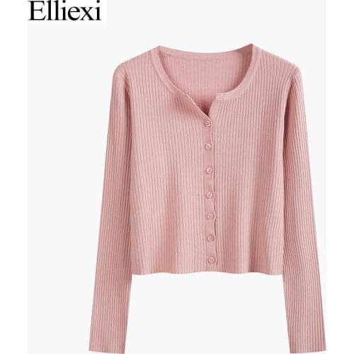 Elliexi Knitted Cardigan T-Shirt Casual Office Lady Solid V-Neck Autumn Tops Elastic Button Trendy Long Sleeve Women T shirt