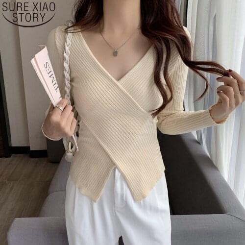 2021 Winter Korean Pullover Elegant Long Sleeve Shirt Autumn Bottomed Versatile Slim Sweater V-neck Knitted Sweater Women 16157