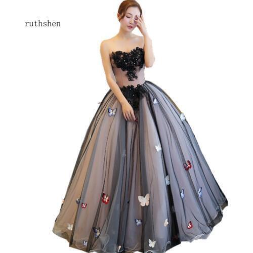 Ruthshen 2020 High Quality Womens Black Long Tulle Lace Applique Ball Gown Prom Dresses with Beading