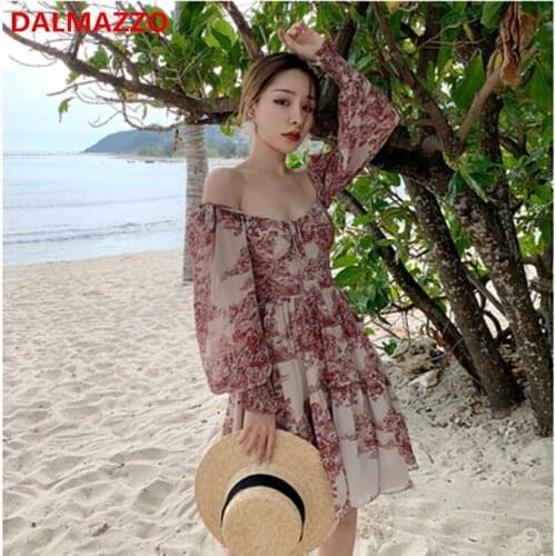 Vintage Chiffon Print Floral Women Square Collar Long Sleeve Mini Dress 2021 New Summer Designer Lady Runway Holiday Vestidos XL