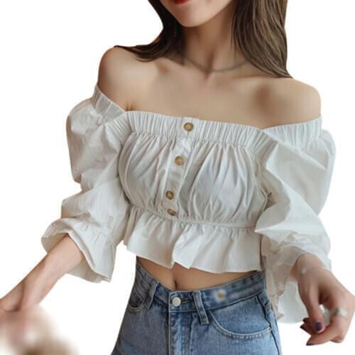 2021 Women French Ruffled Square Casual Short BlouseShirt Women Retro Puff sleeve Elastic ChicChemise Blusas Tops