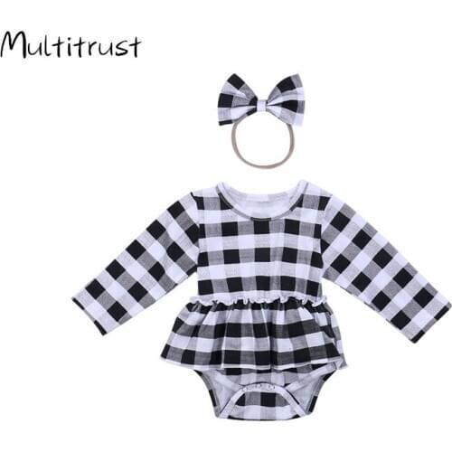 Infants Girl Bodysuits Plaid Headband Suit 2pcs O-Neck Long Sleeve Casual High Waist Headband Crotch Buttons Blouse