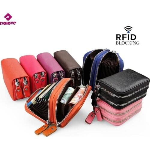 DOLOVE designer brand Fashion women card holder double zipper genuine leather wallet credit cards case bag D-7391