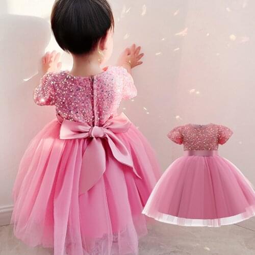 Children Clothing Girls Sparkle Causal Dress Baby Girls Solid Bow Gown For Birthday Party Kids Clothes Flower Girls Tutu Dress