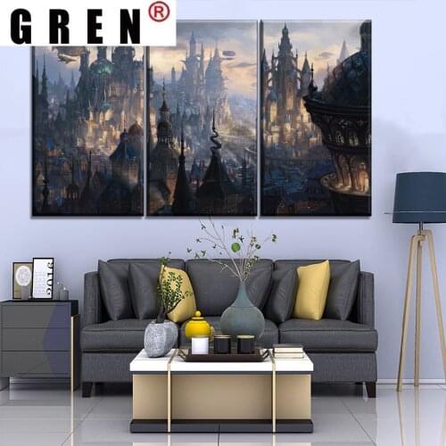 GREN 3 Panels Fantasy Castle Magical City Abstract Wall Art Canvas Print Painting Pictures Modular Poster Living Room Home Decor
