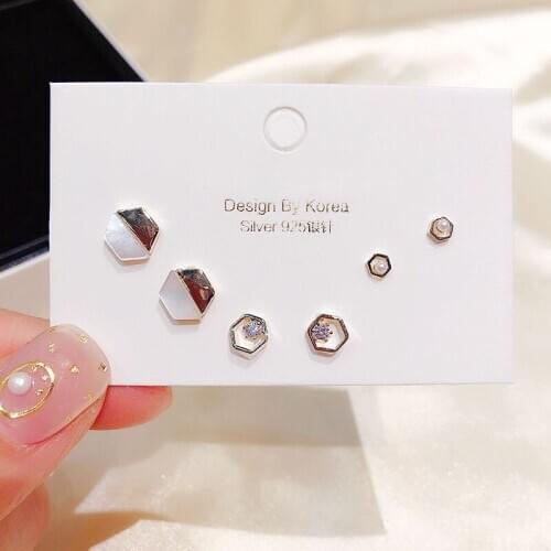 Dainty Shell Micro Inlaid Zircon Geometric Small Stud Earrings Set Gold Silver Color 6-piece Sets