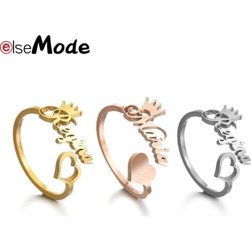 ELSEMODE Custom Name Date Ring Crown Heart Personlized Ring Plus Box Stainless Steel Ring Couple Friend Parents Jewelery Gift