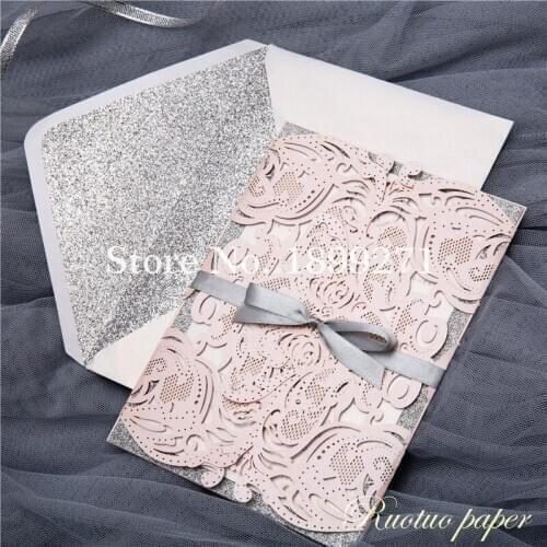Laser Cut Wedding Invitations Customized Invitaciones Inviti Matrimonio Diecut Wedding Invitation Cards Silver Glitter Envelope
