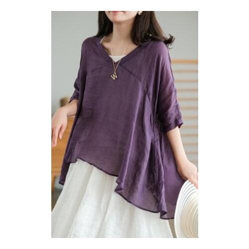 Summer Shirts Women 21New Solid Color Loose Asymmetric V-Neck Collar Back Drawstring Female Fashion Ramie Tops
