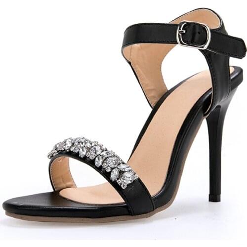 HCHao Summer Womens Sandals PU Thin Heel Super High Heel 12 Cm Crystal Shallow Black Office Ladies Fashion Women Shoes