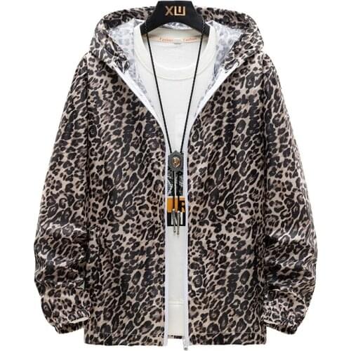 Summer Mens Leopard Sun Protection Clothing Hooded Ultra-Thin Jacket Fashion Windbreaker Skin Sunscreen Coat Male Plus Size 7XL