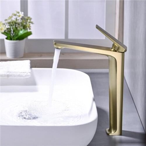 Brushed Gold Bathroom Basin Faucets Brass Hot & Cold Sink Mixer Tap Single Handle Deck Mounted Lavatory Water Crane Vessel