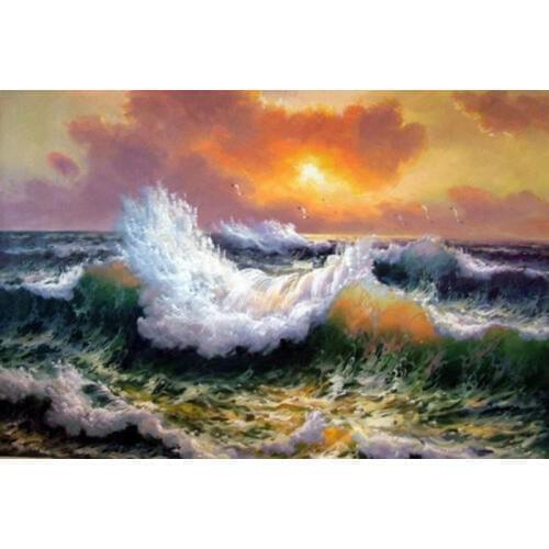 Seascape Art Oil Painting Handpainted on Canvas for Home Decor Huge Waves in The Sunset with Seabirds Wall Painting No Framed