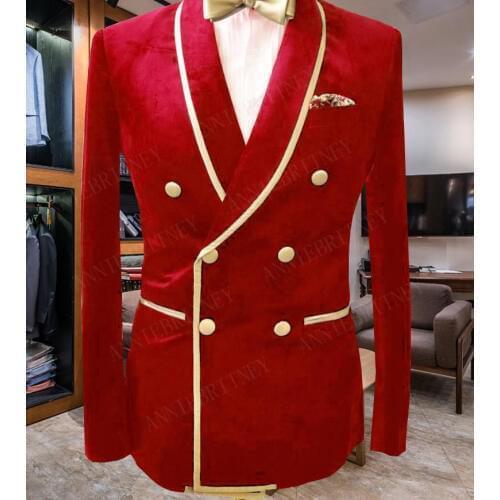 ANNIEBRITNEY Double Breasted Slim Fit Men Suit with Gold Lapel Velvet Prom Wedding Tuxedo Set Red Jacket with Black Pants 2019
