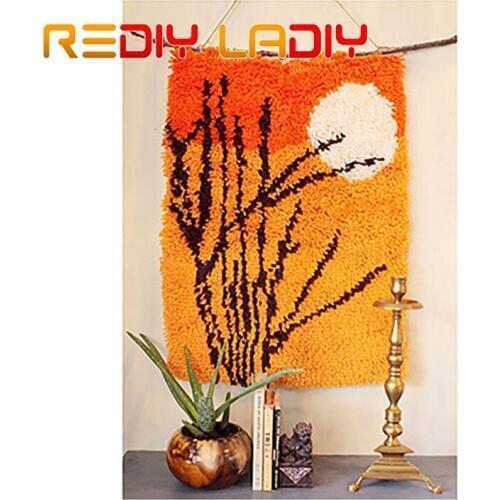 Latch Hook Rug Kits Crocheting Carpet Rug Sunset Scenery Acrylic Yarn Pre-Printed Canvas Cushion Mat DIY Crochet Tapestry Crafts