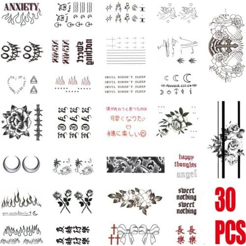 30Pcs Clown Flame Rose Heart Shape NEVER AGAIN English Women Girls Sexy Temporary Tattoo Stickers Waterproof Body Arm Chest Art