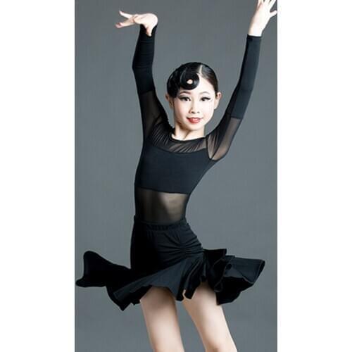 Latin Dance Dress Kids Tango Rumba Cha Cha Samba Salsa Girls Performance Costumes Black Mesh Leotard Lotus Leaf Skirt DN6160