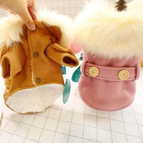 Pet Cat Plush Collar Solid Color Button Stitching Coat Two-legged Dog Clothes Puppy Jacket Clothes For Pet winter