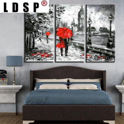 LDSP Abstract 3 Pieces Canvas Paintings Posters Prints Red Umbrella Lover London Street Rain View Wall Art Pictures Home Decor