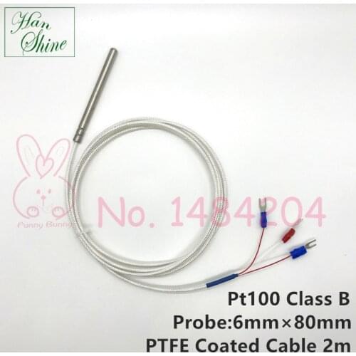 PT100 Sensor Class B 6mm * 80mm RTD Temperature Probe 3 wire 2 Meter Platinum Resistance Silver Plated PTFE Coated Cable