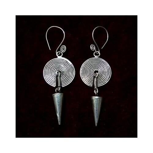 Miao silver handmade personality white copper earrings National wind manual old cone hanging bells earring crafts