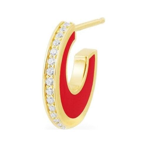 SOELLE 1pc High Quality 925 Sterling Silver Yellow Gold Color and Red Enamel Single Earring Paved Zirconia Women Fashion Jewelry