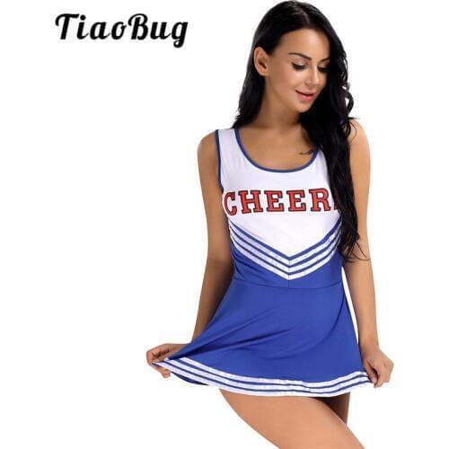 TiaoBug Women Girls Musical Cheerleader Uniform Sexy Costumes CHEERS School Girl Costume Lady Hot Fancy Cosplay Party Mini Dress