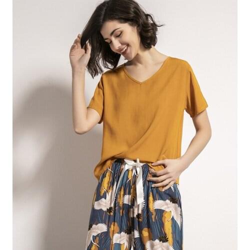 Viscose Sleepwear Women Pajamas Casual Print Flower Two Piece Set Summer pjs sets Loungewear Soft Sleep Tops&Pants Lingerie