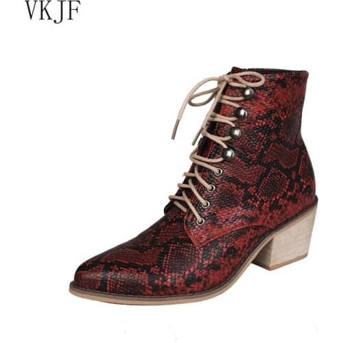 Women Ankle Boots Retro Riding Equestr Shoes Boots Artificial Leather Winter Warm Shoes High Heel Big 43 Embroidery Snake