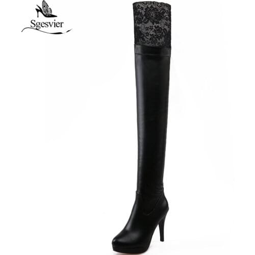 Sgesvier New Women PU Sexy Fashion Over The Knee Boots Thin High Heel Boots Platform Woman Shoes Lace Big Size 34-43 B897