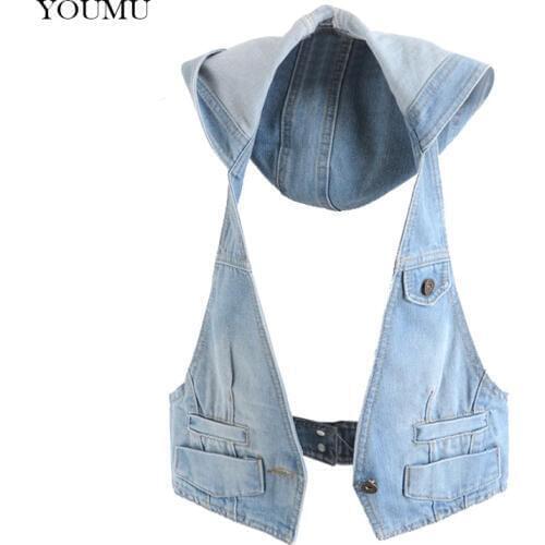 Women Cotton Hooded Denim Waistcoat Jean Vest Rock Punk Sleeveless Backless Jacket Streetwear Hollow Out Gilet Fashion 223-313
