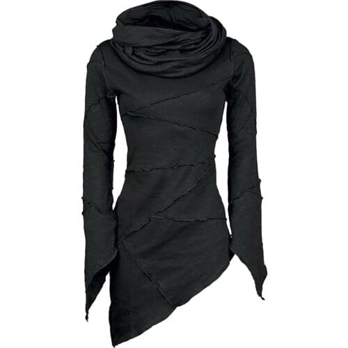 Home&Nest Women Slim Turtleneck Sweater Blouse Scarf Collar Asymmetric Sleeves Skew Hem Tops Stitching Irregular Pile Sweaters