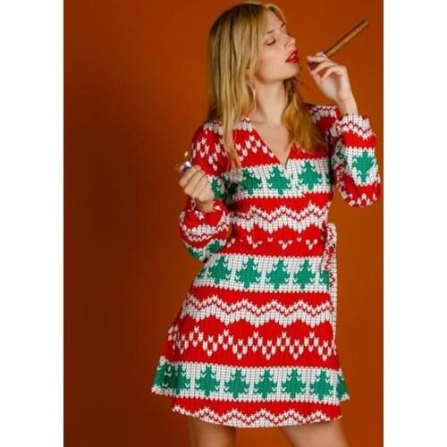 Women Christsmd Trees Print Mini Dress Elegant V-neck Lantern Sleeve Waist Bandage Holiday Party Dress Elegant Slim Dress Autumn