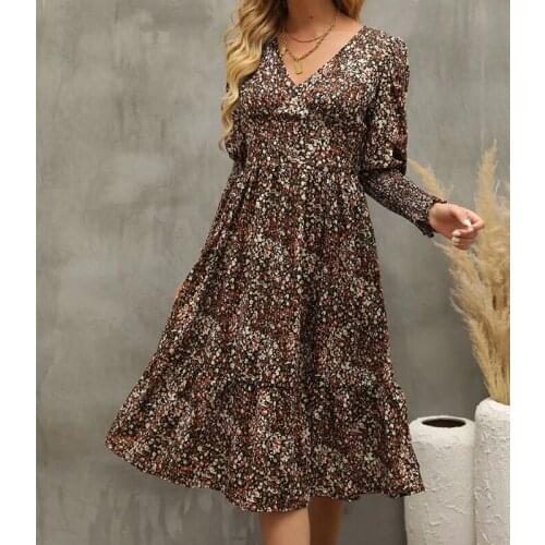 YENKYE New Autumn Women Vintage Floral Print Dress Female V Neck Long Sleeve Elastic Waist A-line Ladies Dress Casual Vestido
