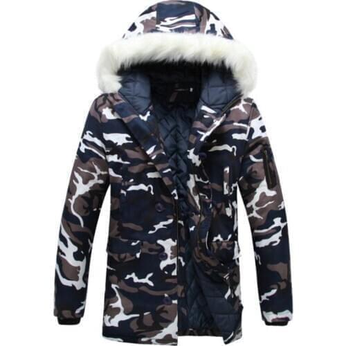 Winter Fur Collar Parkas Jacket Long Thicken Hooded Camouflage Outwear Windproof Warm Padded Parkas Fashion Men Clothing S-5XL