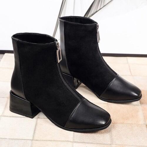 Suede Ankle Boots for Women Fashion Square Toe Shoes Pu Leather Short Boots Zipper Square Heels Comfortable Casual Lady Shoes