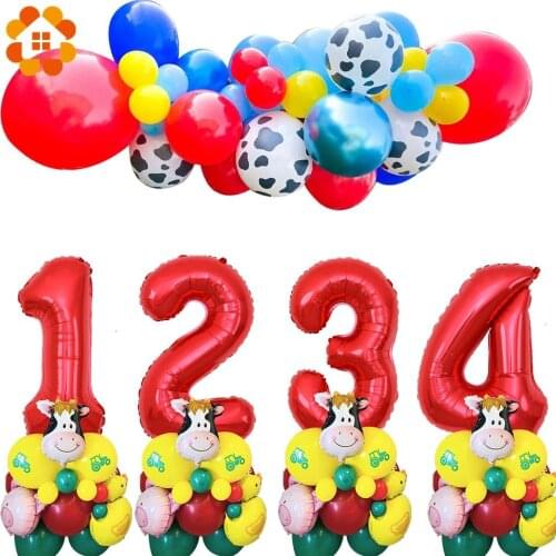 1Set Farm Animal Theme Cow/Pig/Duck Balloons Happy Birthday Banner Truck Excavator Cake Decoration Farm Party Supplies