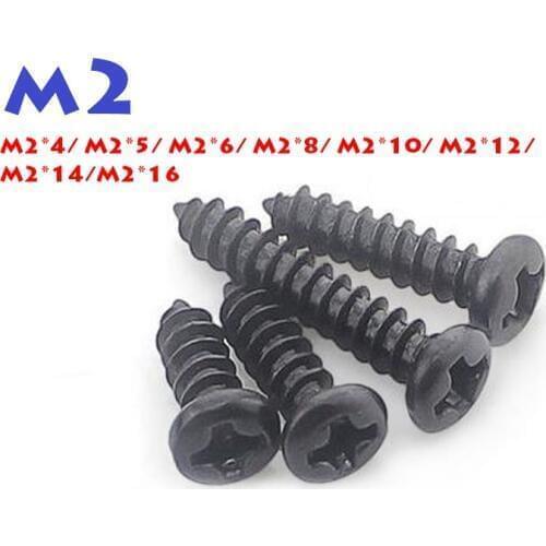 100PCS/LOT M2*4/5/6/8/10/12/14/16 Black Philips Round Head Screw Carbon Steel Cross Bolt Self tapping Electronic Screws