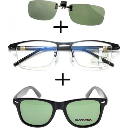 3Pcs!!!rectangular Metal Black Business Reading Glasses Men Women + Polarized Sunglasses Sports Ultraligero + Sunglasses Clip