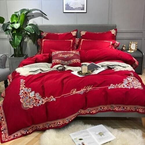 Luxury Embroidered 100S Egyptian cotton Wedding Bedding sets Queen King Red Royal Duvet cover Bed sheet set Pillowcase 4/6pcs
