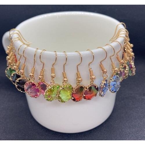 Natural Stone Crystal Earrings Colorful Gradient Round Metal Edging Elegant Ladies Earrings Jewelry Creative Gifts 4 Pieces