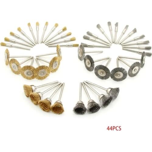 44 Pieces Mini Wire Brush Wheel Cup Brass Steel Wire Brush Set 1/8inch (3mm) Shank For Power Rotary Tools Polishing