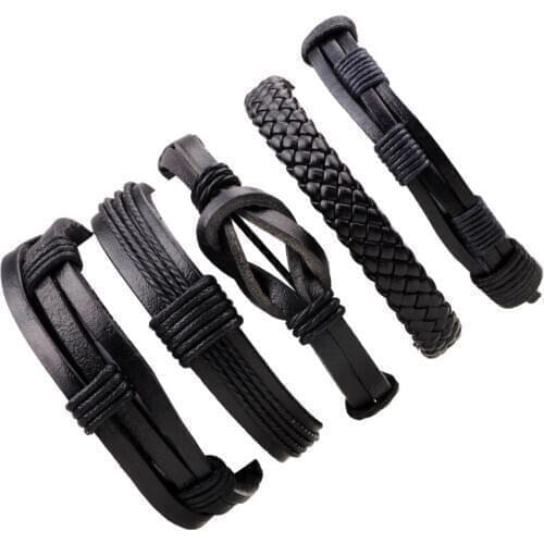 5pcs/set Black Wrap Woven New Fashion Handmade Men Bracelets Women Leather Wristband Bangle Wholesale Jewelry Gift Hot Sale